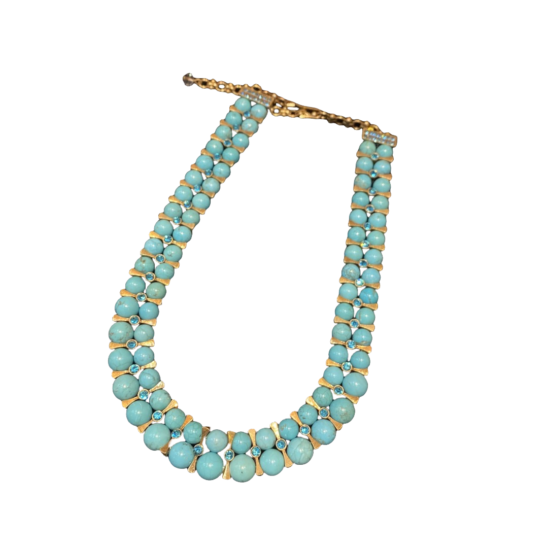 vintages style degined 18k-gold plated brass with turquoise beads and rhinestone double-layer necklace.