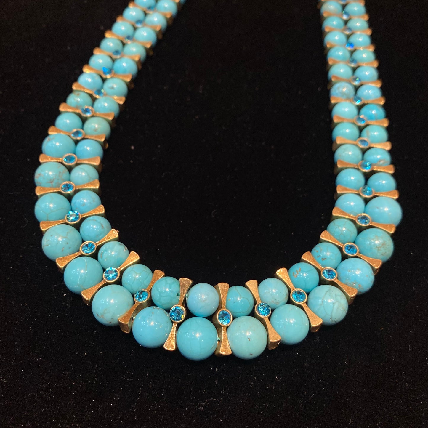 vintages style degined 18k-gold plated brass with turquoise beads and rhinestone double-layer necklace.