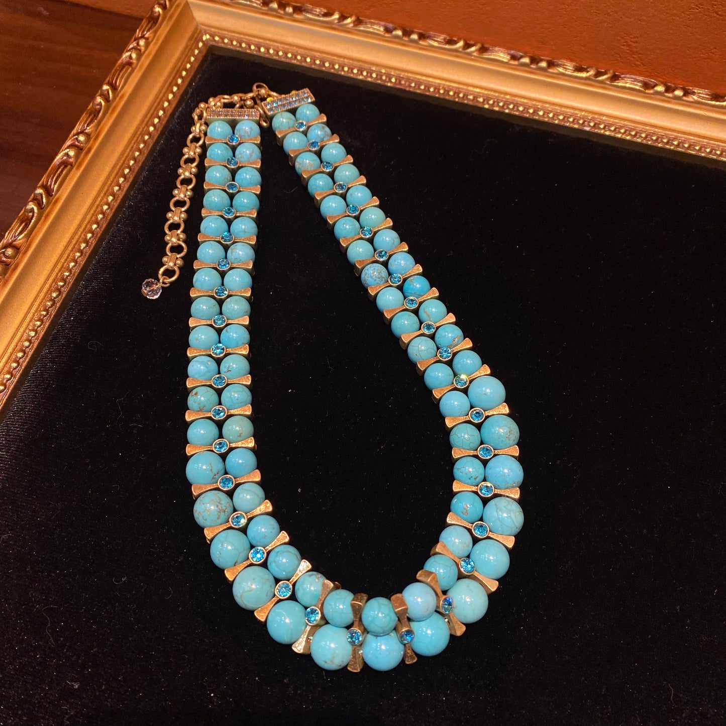 vintages style degined 18k-gold plated brass with turquoise beads and rhinestone double-layer necklace.