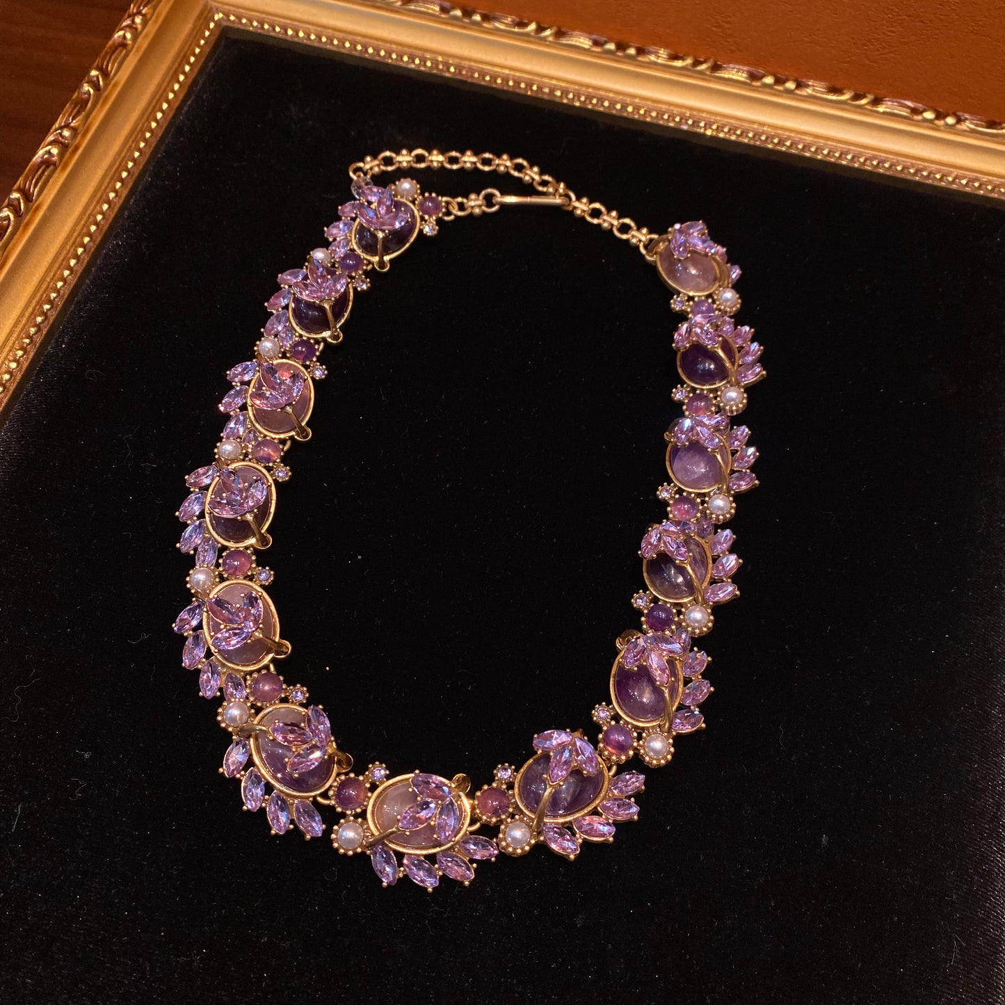vintage style designed adjustable 18k-gold plated brass with rhinestone and amethyst gorgerous and luxery necklace