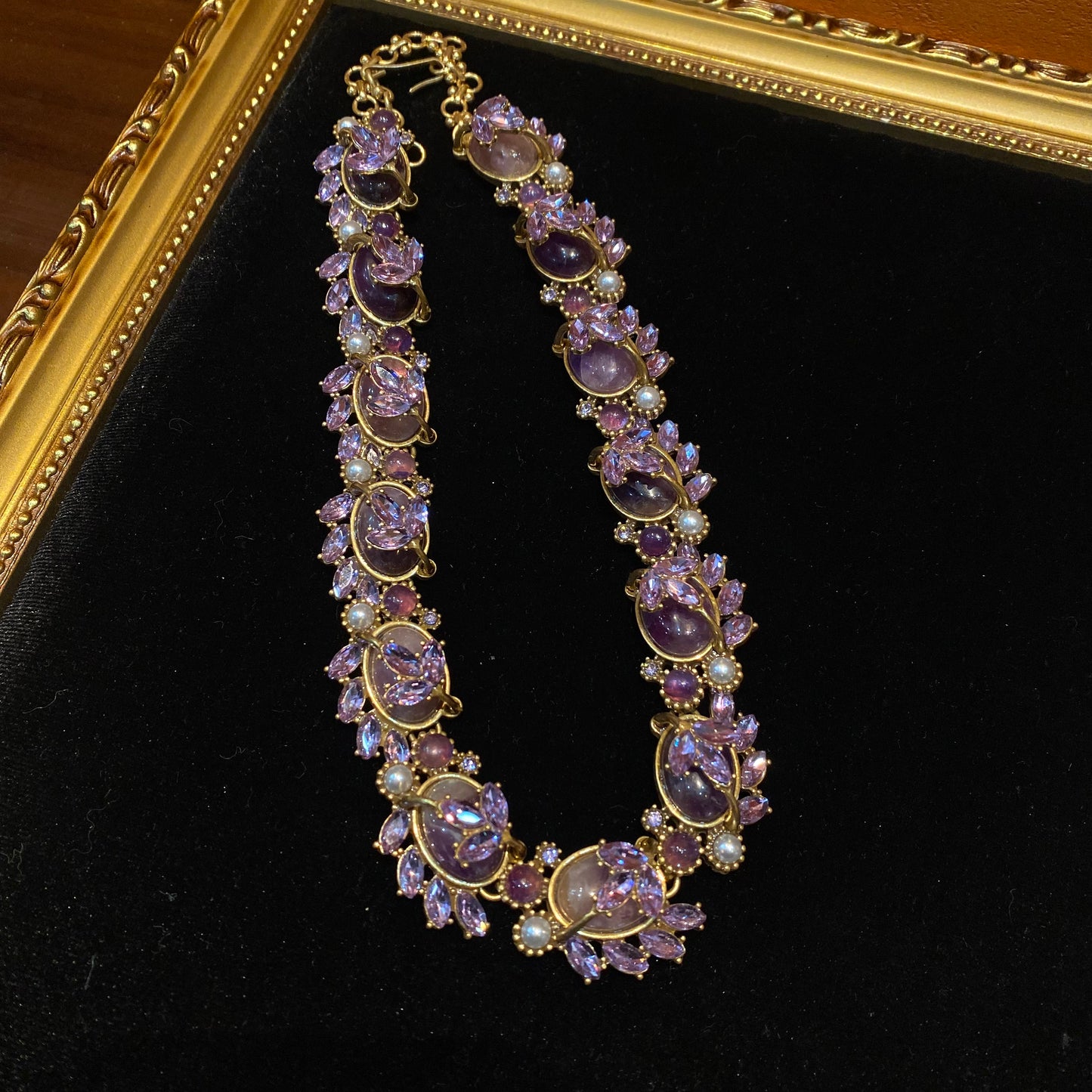 vintage style designed adjustable 18k-gold plated brass with rhinestone and amethyst gorgerous and luxery necklace