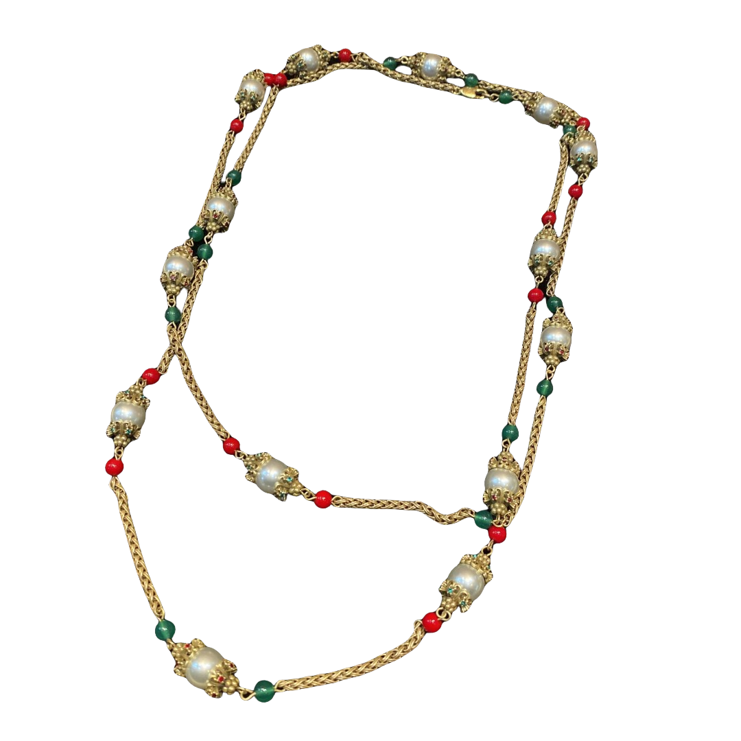 vintage style designed brass long necklace with glass pearls and natural stone beads.