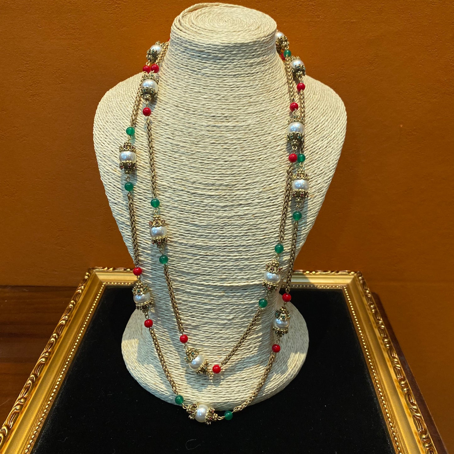 vintage style designed brass long necklace with glass pearls and natural stone beads.