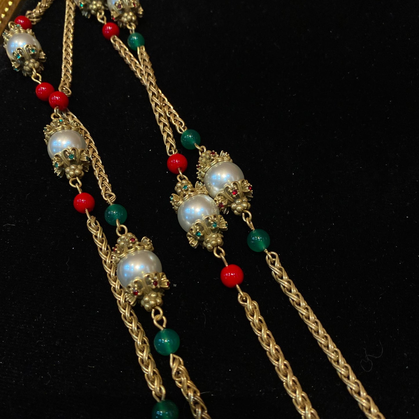 vintage style designed brass long necklace with glass pearls and natural stone beads.