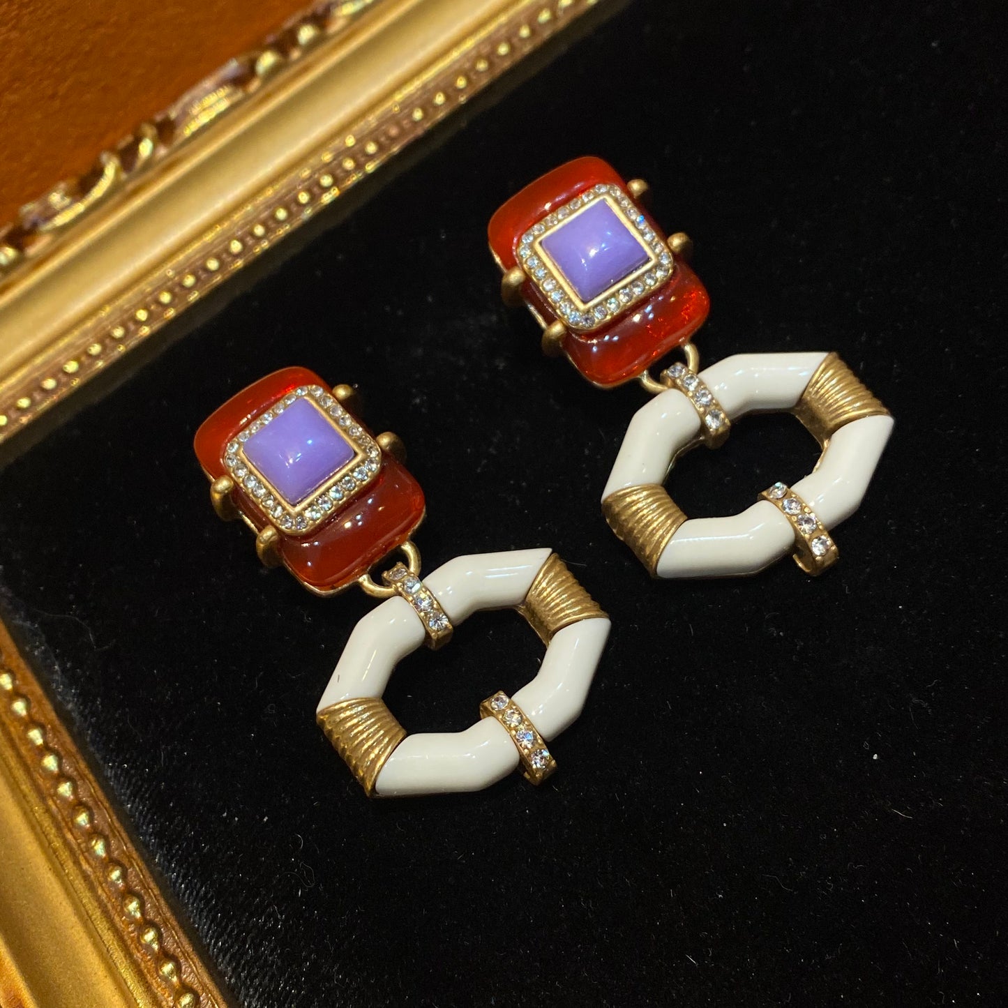 vintage style brass 18k-gold geometric drop earring with white enamelled, red agate and purple natural stone and diamords.