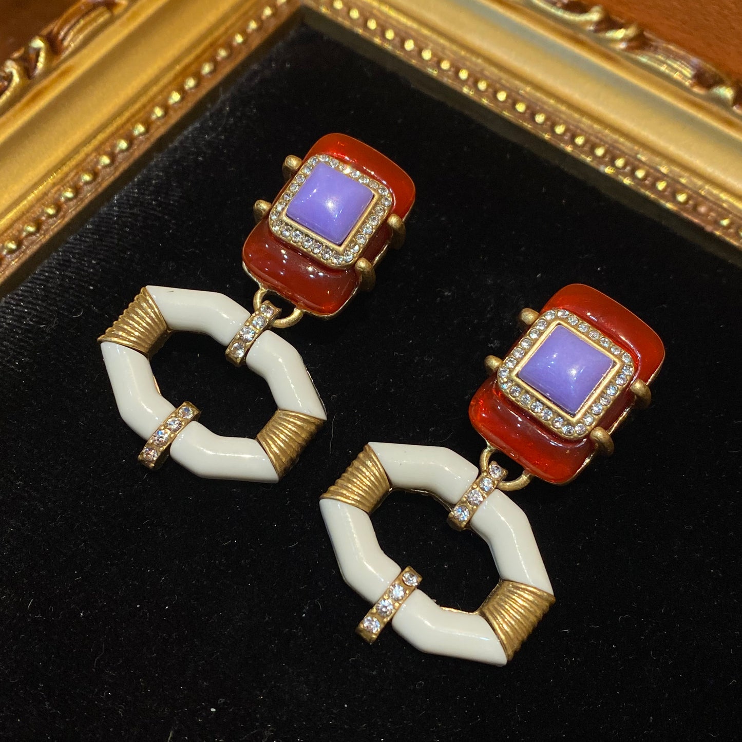 vintage style brass 18k-gold geometric drop earring with white enamelled, red agate and purple natural stone and diamords.