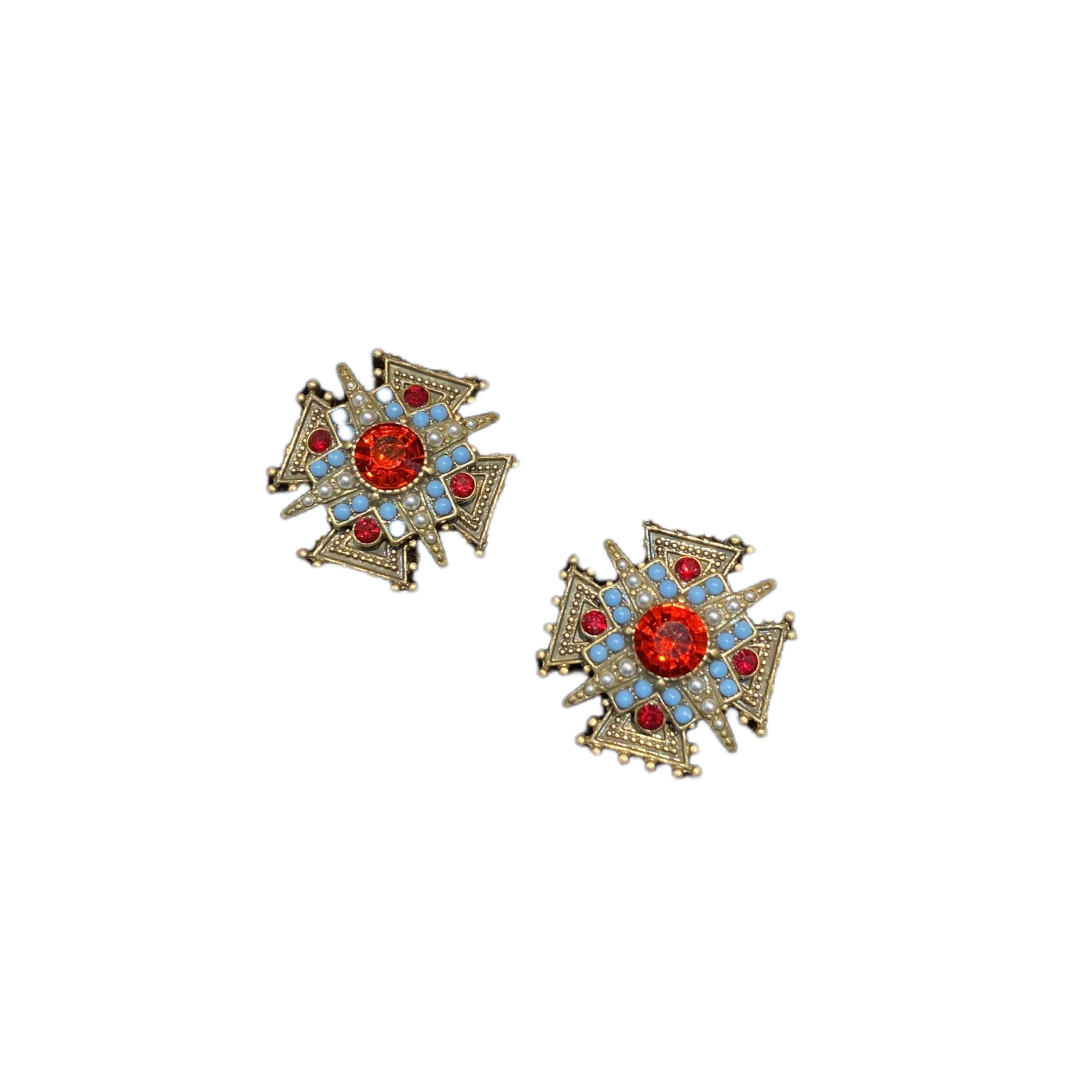 Vintage style designed crossing earrings shape brass 18k-gold plated with red rhinestone and turquoise beads.