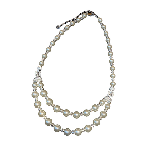 Vintage style double-decked glass pearls nacklace with Rhinestones brass 24k gold-plated