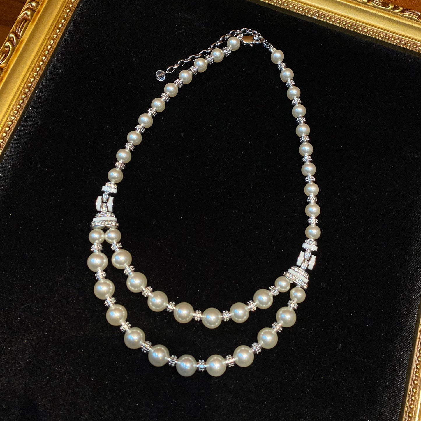 Vintage style double-decked glass pearls nacklace with Rhinestones brass 24k gold-plated