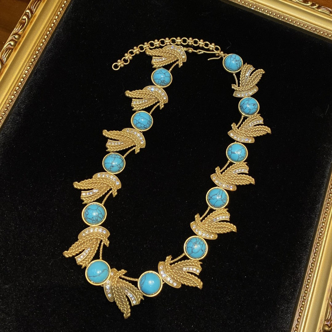 Fashion Vintage Designed Necklace 18k Gold-plated With Rhinestone And Turquoise Women'S Jewelry