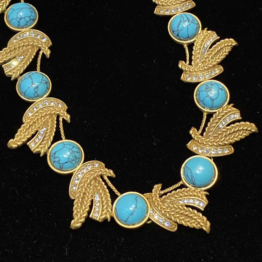 Fashion Vintage Designed Necklace 18k Gold-plated With Rhinestone And Turquoise Women'S Jewelry