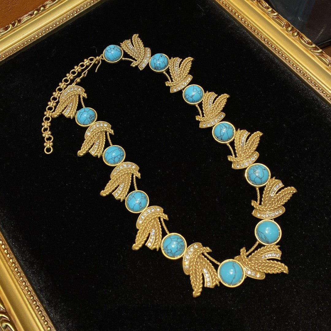 Fashion Vintage Designed Necklace 18k Gold-plated With Rhinestone And Turquoise Women'S Jewelry