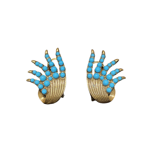 Vintage style 18k-gold plated brass seagrass shape earrings with turquoise beads