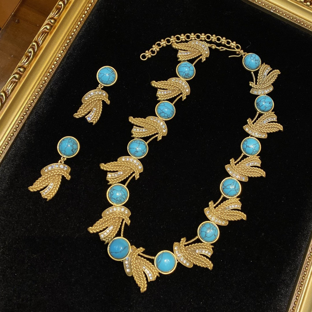 Fashion Vintage Designed Necklace 18k Gold-plated With Rhinestone And Turquoise Women'S Jewelry