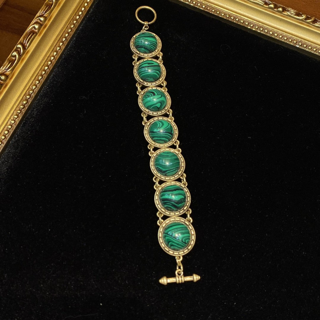 Vintage style 18k-gold plated brass bracelet circle shape circle with malachite