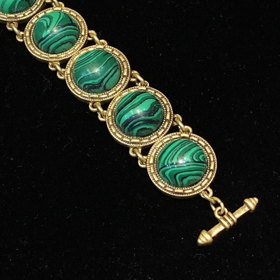 Vintage style 18k-gold plated brass bracelet circle shape circle with malachite