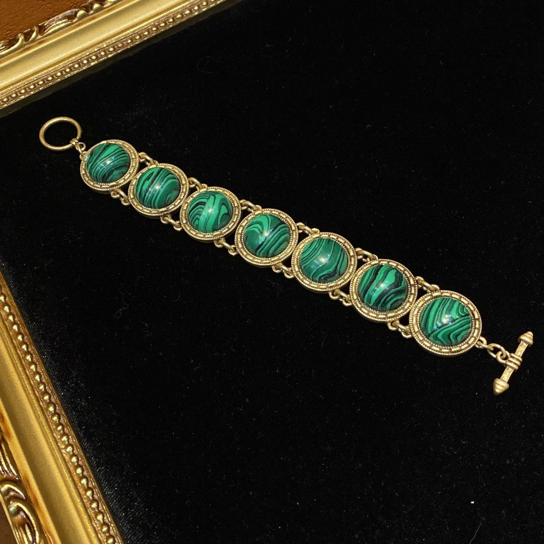 Vintage style 18k-gold plated brass bracelet circle shape circle with malachite