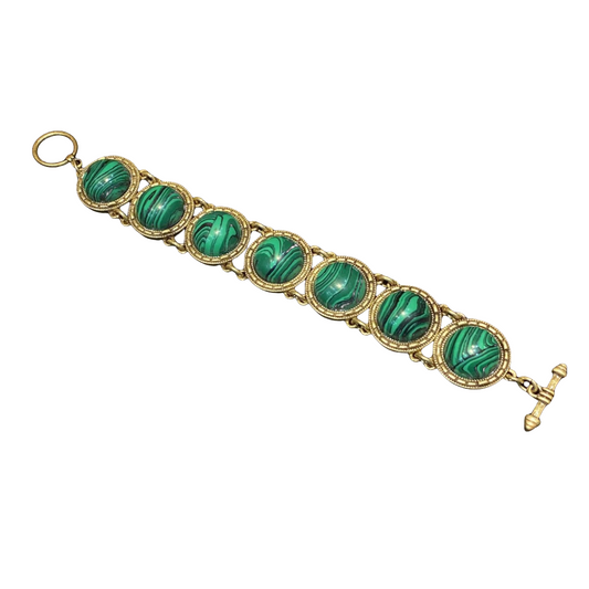 Vintage style 18k-gold plated brass bracelet circle shape circle with malachite