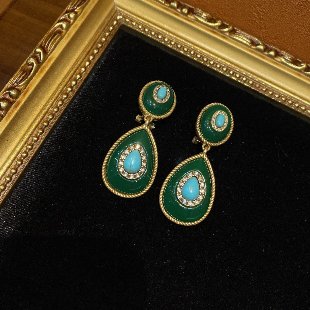 vintage style brass 18k-gold oval and water drop shape with  dark green polymer resin and turquoise drop earrings