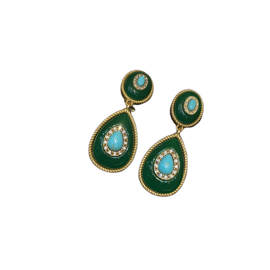 vintage style brass 18k-gold oval and water drop shape with  dark green polymer resin and turquoise drop earrings