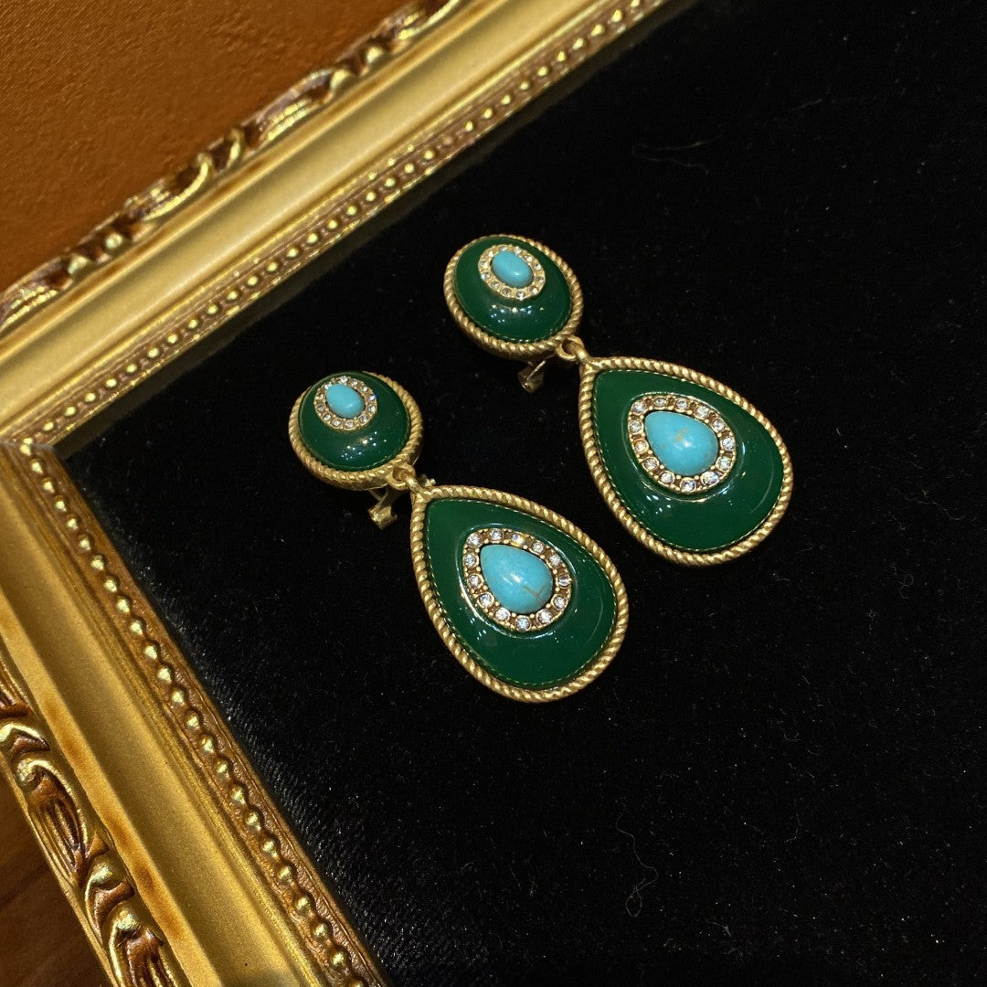 vintage style brass 18k-gold oval and water drop shape with  dark green polymer resin and turquoise drop earrings