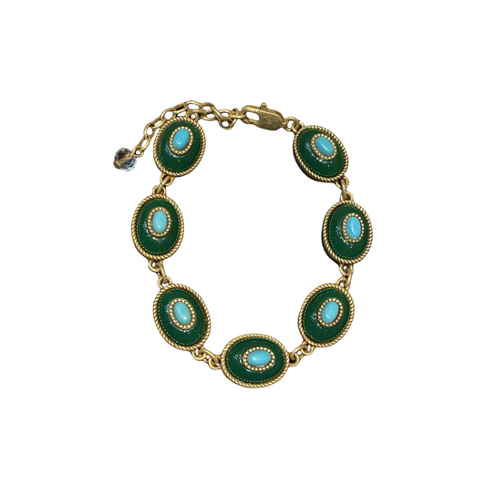 vintage style brass 18k-gold oval shape with  dark green polymer resin and turquoise bracelet