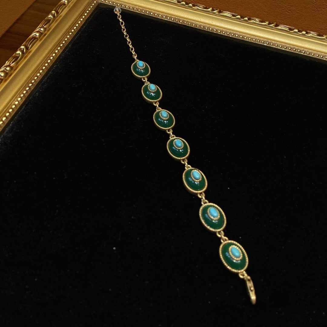vintage style brass 18k-gold oval shape with  dark green polymer resin and turquoise bracelet