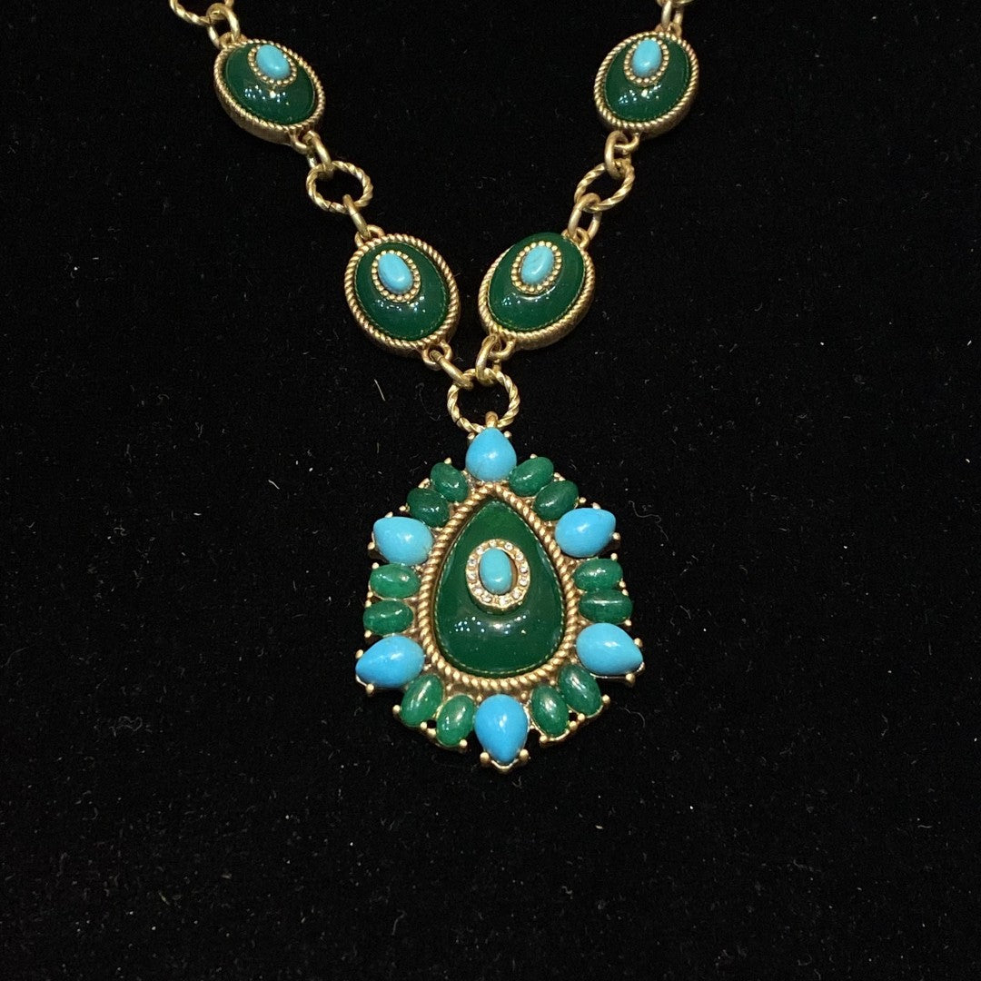 vintage style brass 18k-gold adjustable necklace oval shape with  dark green polymer resin and turquoise necklace with a pendant