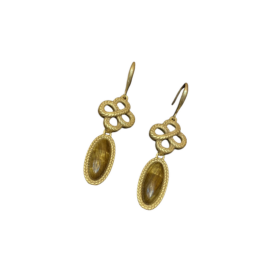 vintage style 18k-gold plated brass chinese knot with oval share pendent earrings with tigereye