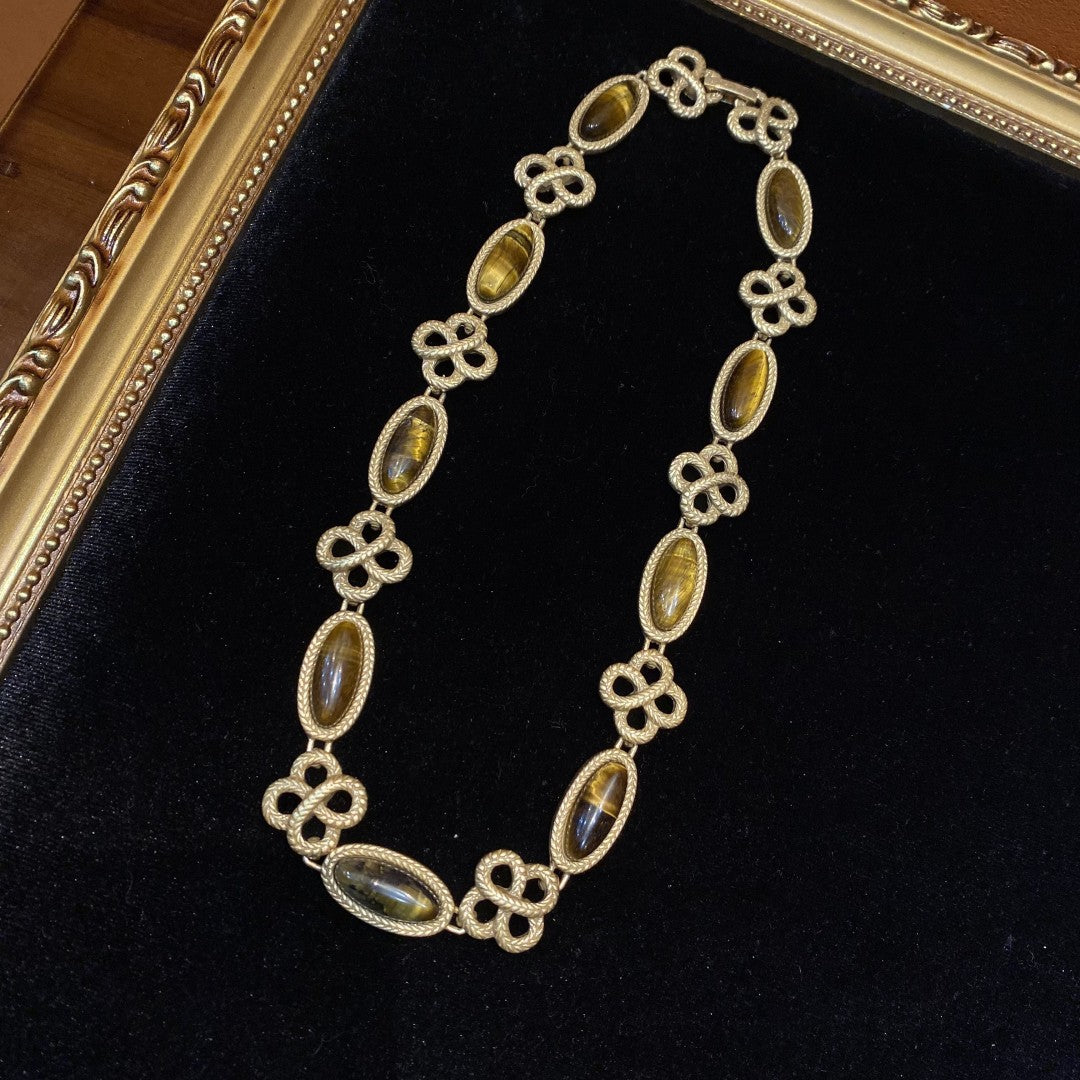 vintage style 18k-gold plated brass necklace chinese knot & oval shapes with tigereye