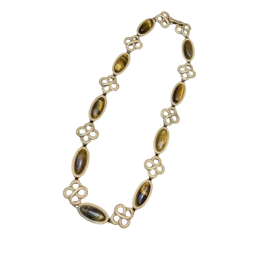 vintage style 18k-gold plated brass necklace chinese knot & oval shapes with tigereye