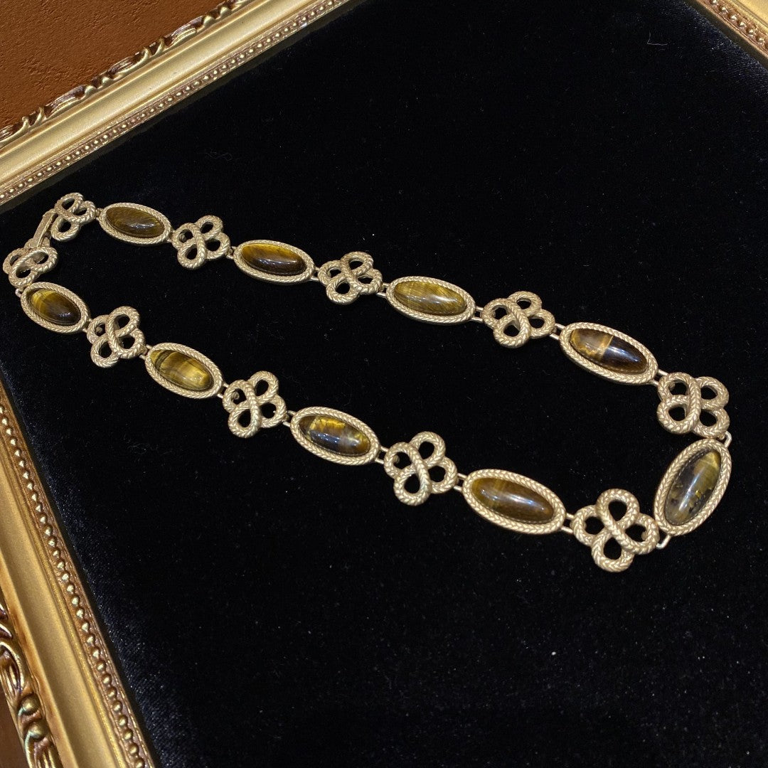 vintage style 18k-gold plated brass necklace chinese knot & oval shapes with tigereye