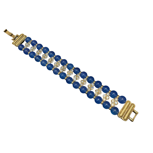 Vintage style 18k-gold plated brass bracelet with blue natural stone beads and rhinestones.