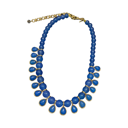 Vintage style 18k-gold plated brass adjustable necklace with blue natural stone beads and small water drop pendants