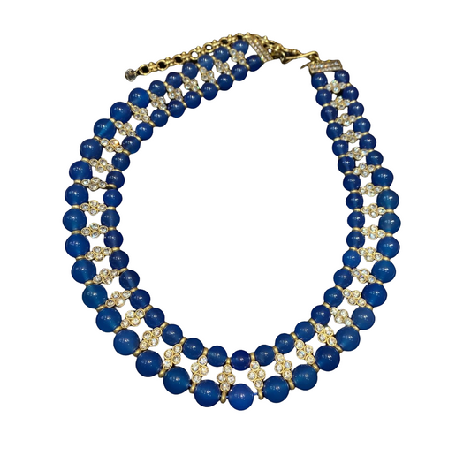 Vintage style 18k-gold plated brass adjustable necklace with blue natural stone beads and rhinestones