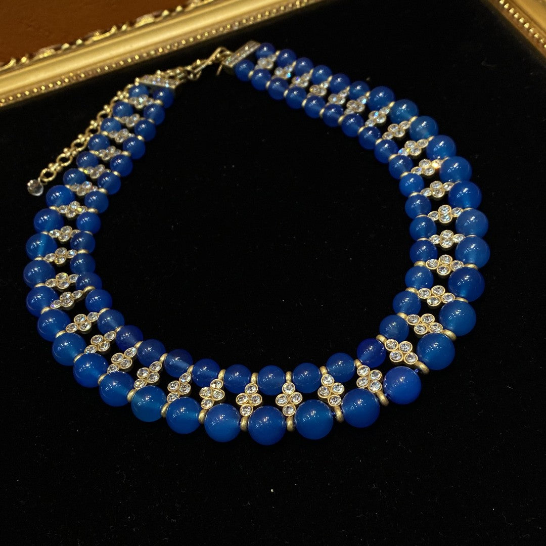 Vintage style 18k-gold plated brass adjustable necklace with blue natural stone beads and rhinestones
