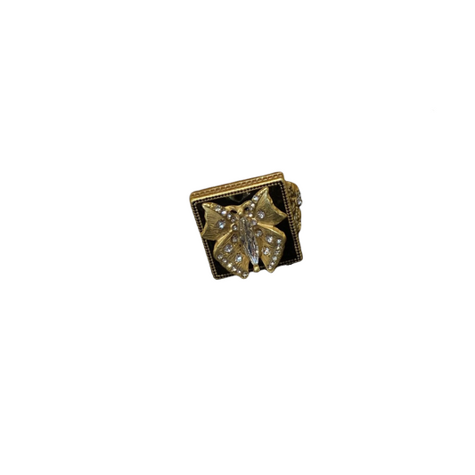 Vintage style 18k-gold plated brass ring butterfly square shape  with rhinestone with black enamel