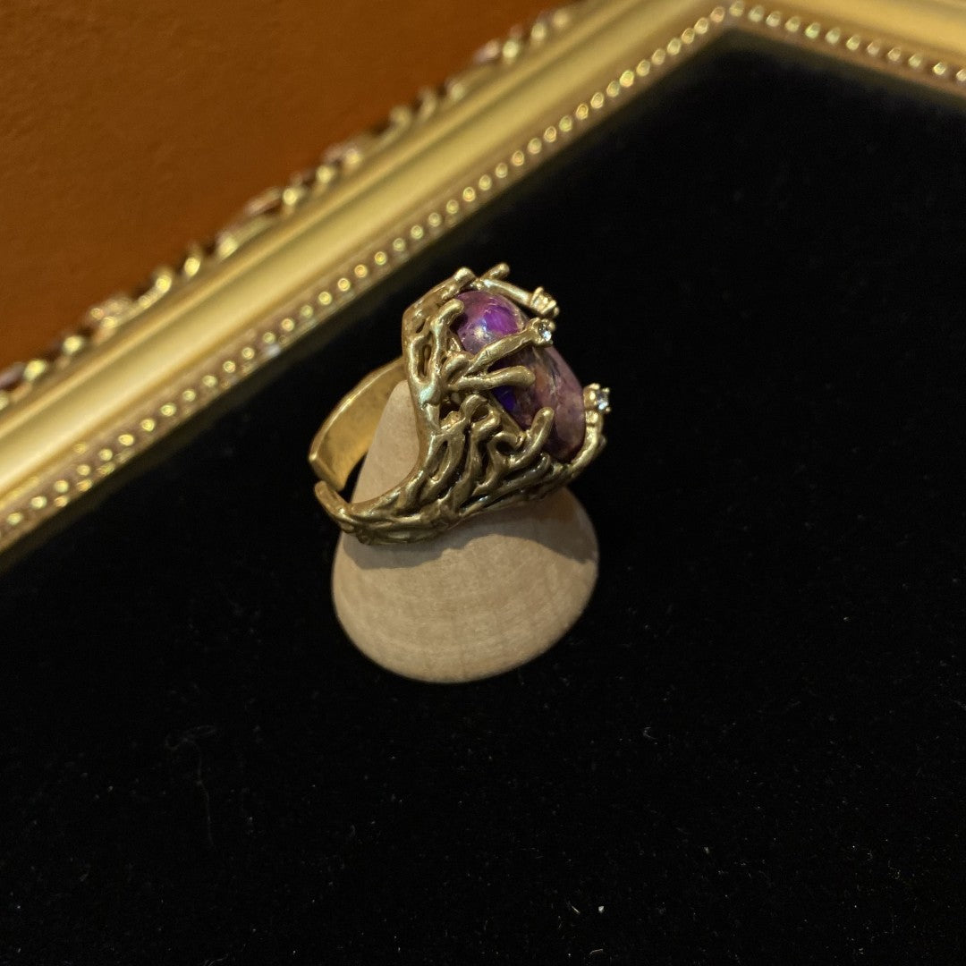 Vitatge style 18k-gold plated brass ring with diamonds and a piece of beatiful purple natural stone