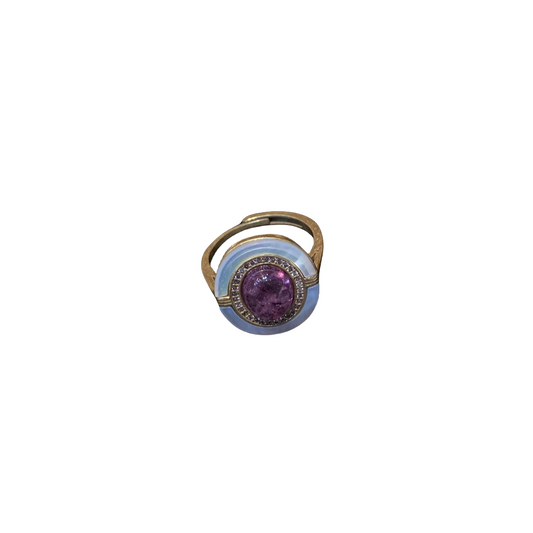Vitatge style 18k-gold plated brass ring with shells and purple colored glaze