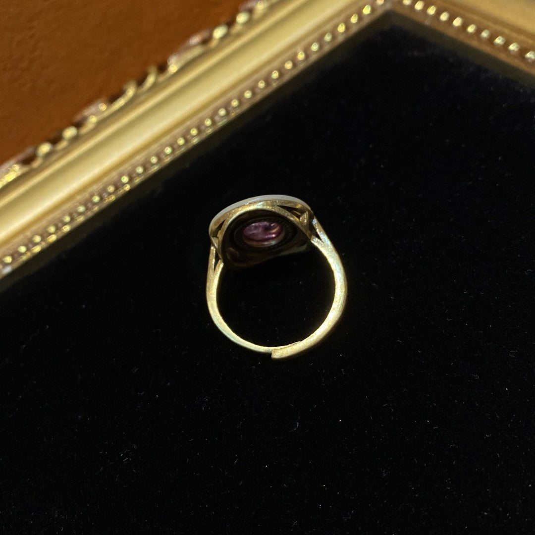 Vitatge style 18k-gold plated brass ring with shells and purple colored glaze