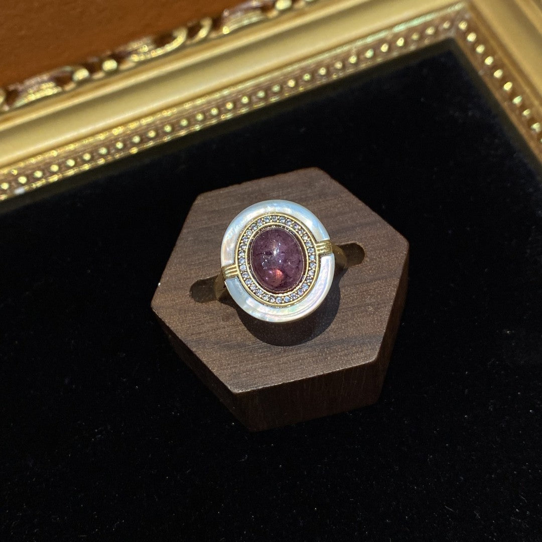 Vitatge style 18k-gold plated brass ring with shells and purple colored glaze