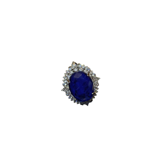 Vitatge style 925silver plated brass ring with oval blue rhinestone and diamonds