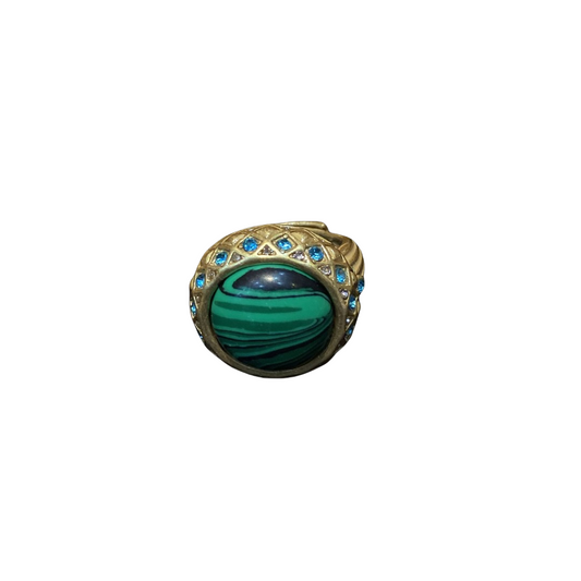 Vitatge style 18k-gold plated brass ring with green rhinestones and malacite