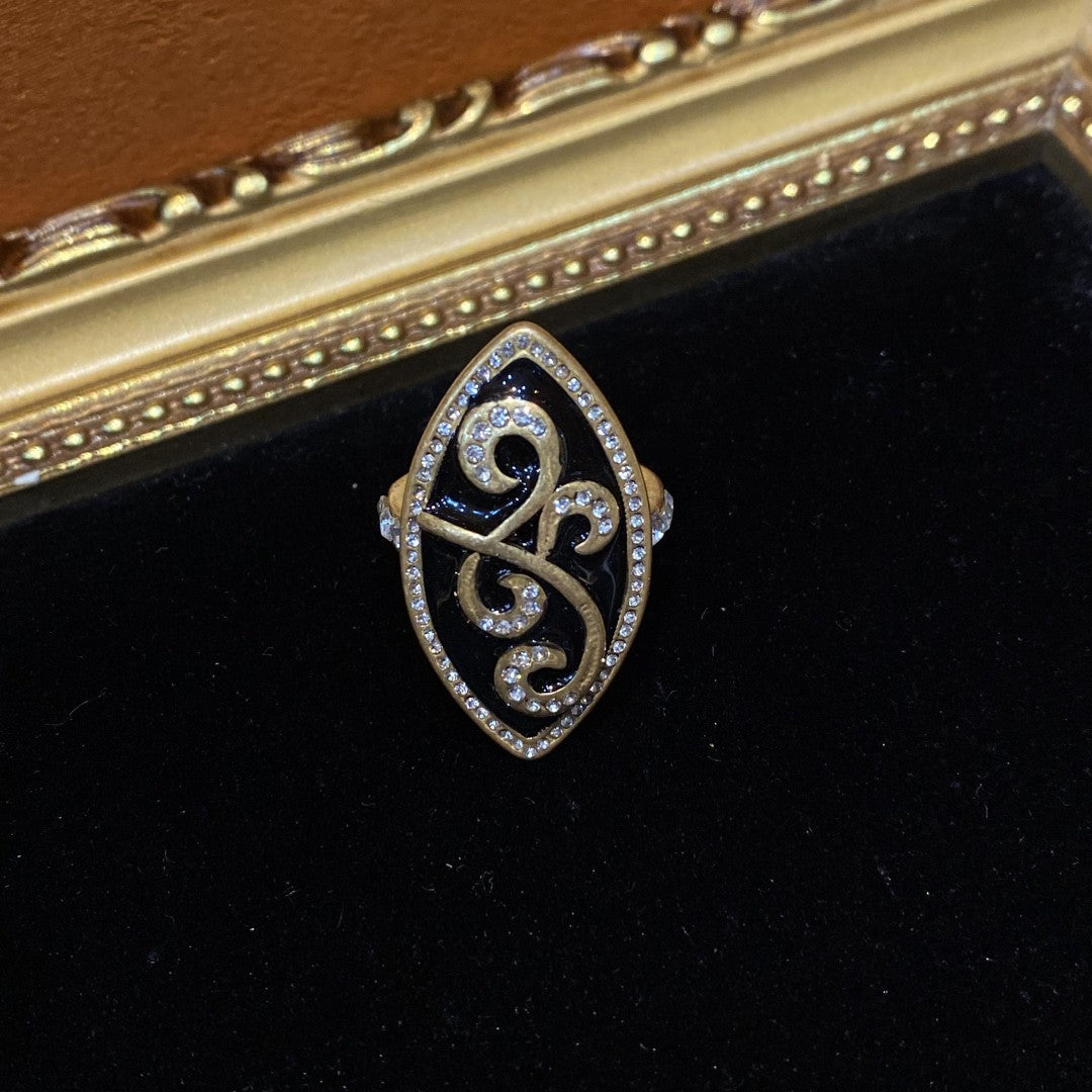 Vitatge style 18k-gold plated brass ring with rhinestones and black enamel