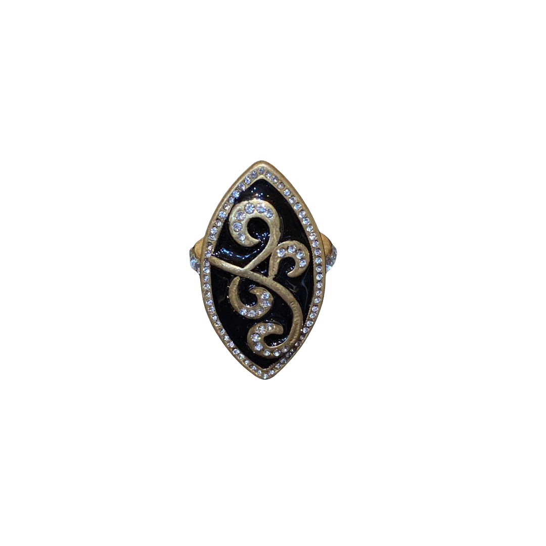 Vitatge style 18k-gold plated brass ring with rhinestones and black enamel