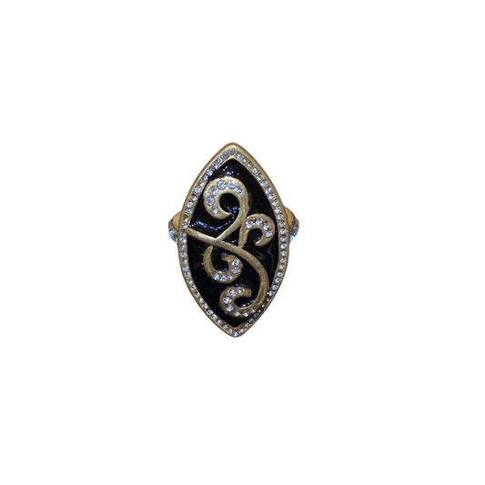Vitatge style 18k-gold plated brass ring with rhinestones and black enamel