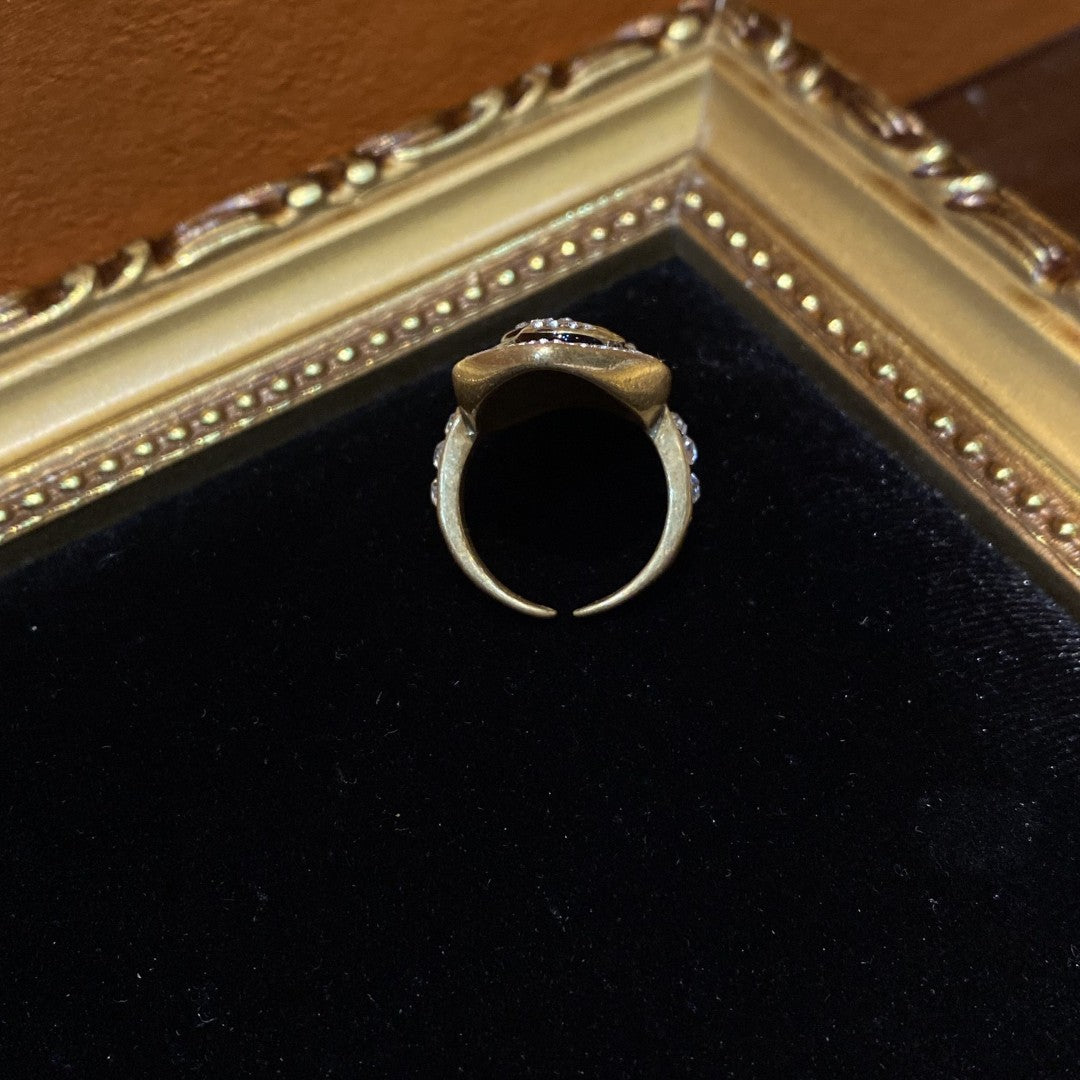 Vitatge style 18k-gold plated brass ring with rhinestones and black enamel