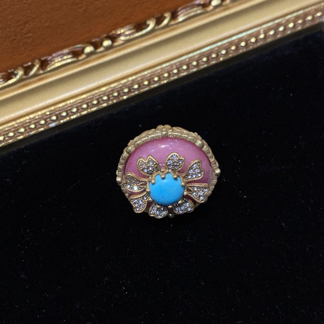 Vitatge style 18k-gold plated brass ring a flower shape with rhinestones and pink & blue natural stone