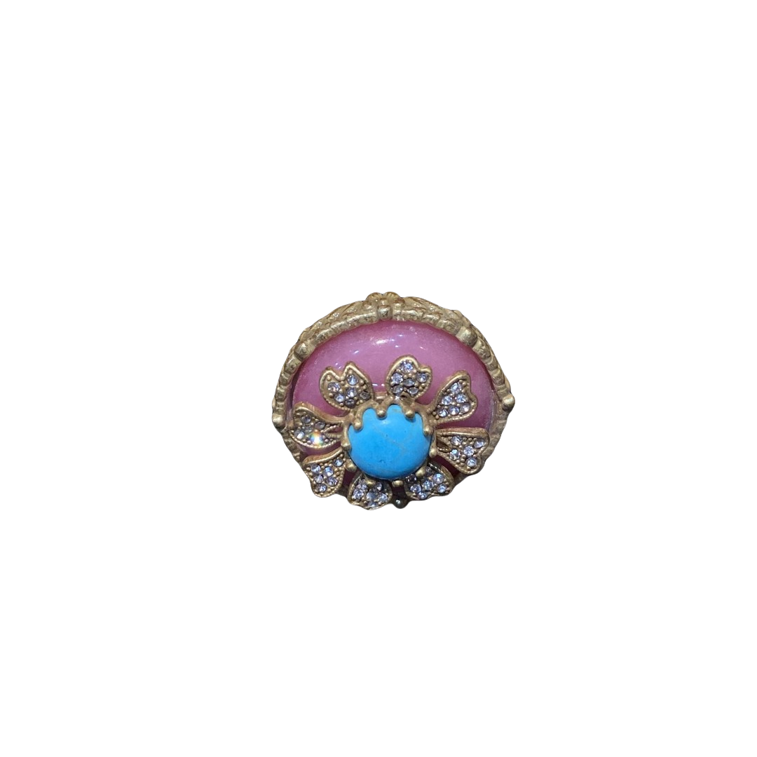 Vitatge style 18k-gold plated brass ring a flower shape with rhinestones and pink & blue natural stone
