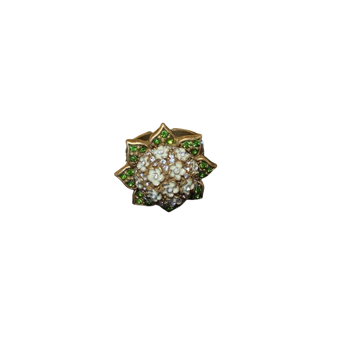 Vitatge style 18k-gold plated brass ring a flower shape with green and white rhinestones